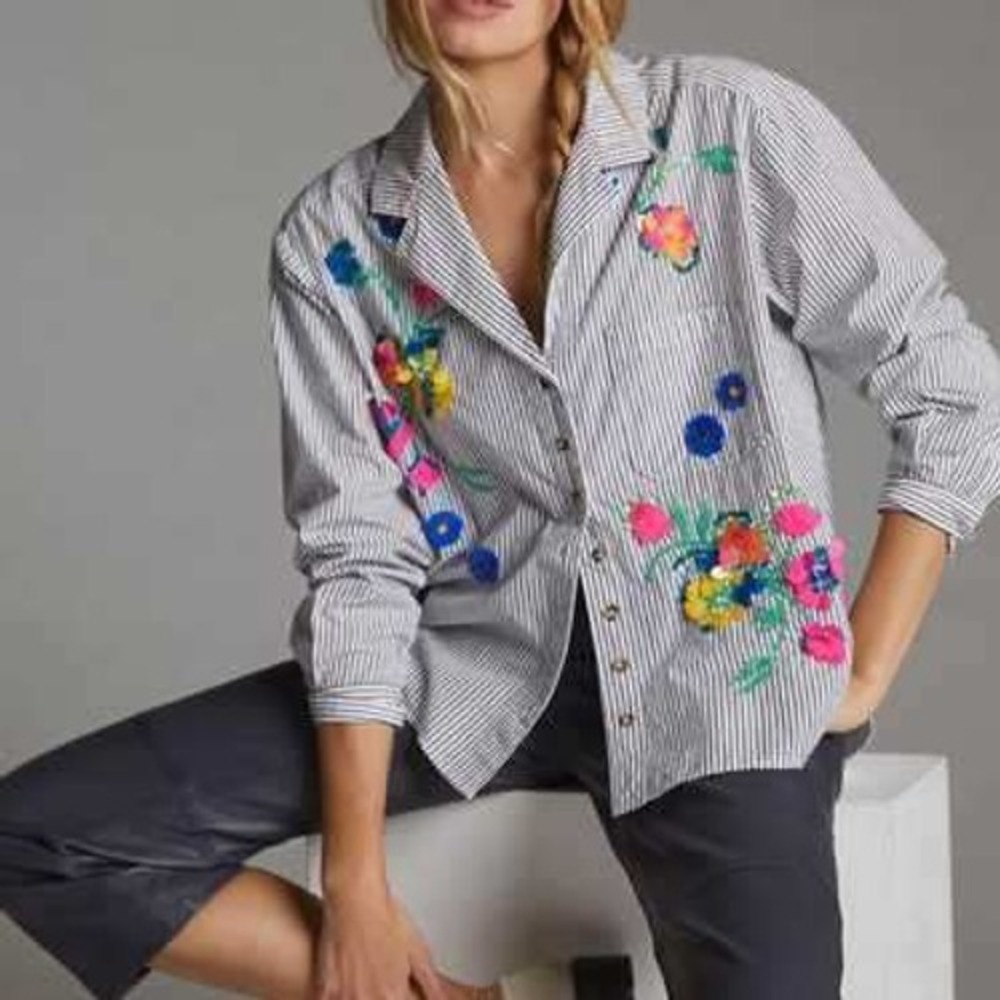 Maeve Anthropologie Embroidered Vertical Striped Button-Up Shirt  Boho Chic 14 - Picture 2 of 10